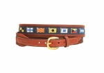 Tory Leather 1-1/4" Oakbark Rolled Leather Belt With Billet & Navy Rectangular Nautical Flags Belt